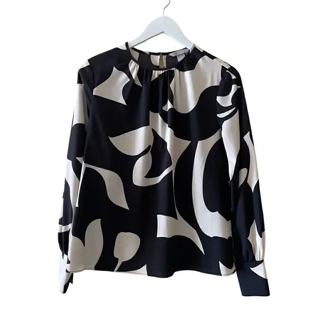 H& M Black Cream Key Hole Button Back Closure Abstract Round Neck SZ S #1588